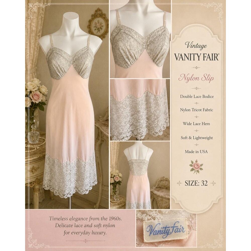 Vintage 60s Vanity Fair Blush Pink Nylon Tricot Slip Double Lace Bodice Hem  32 - Picture 3 of 11